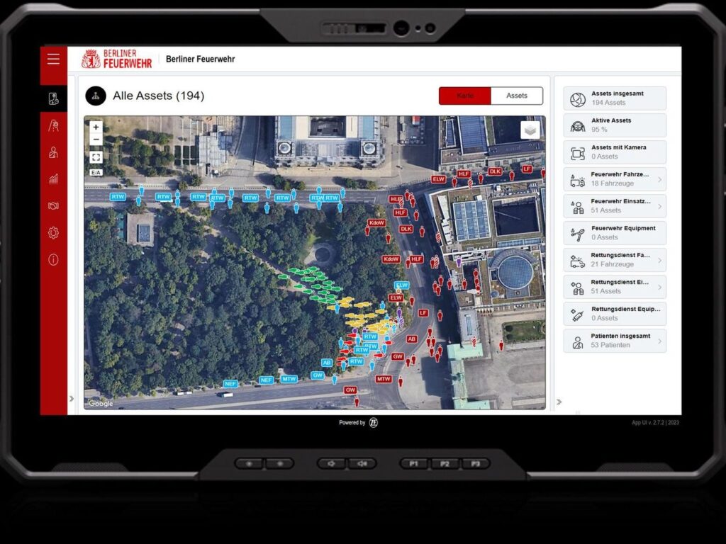 Das Dashboard des digitalen Flottenmanagements ZF Rescue Connect ist ein webbasiertes User-Interface, über das Rettungskräfte zum Beispiel auf einem Tablet Informationen wie die Live-Übersicht der Fahrzeuge und Einsatzkräfte, den Kraftstoff-Verbrauch oder den Zustand der Fahrzeuge während eines Einsatzes abrufen können.
//
The ZF Rescue Connect digital fleet management dashboard is a web-based user interface that allows rescue workers to call up information such as the live overview of vehicles and task forces, fuel consumption, or the condition of vehicles during an operation, for example, on a tablet.