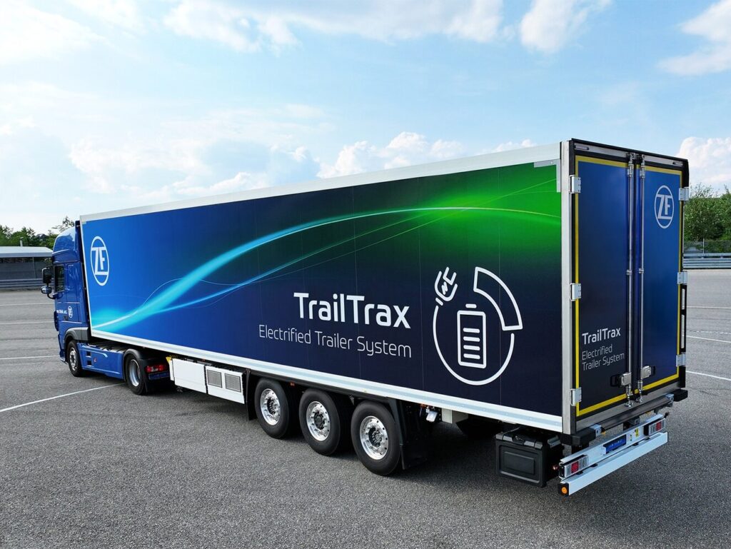 TrailTrax: Das System von ZF integriert die elektrische Antriebsachse AxTrax 2 zusammen mit dem Anhänger-EBS und einer Batterie. Auf diese Weise wird ein verbrennungsmotorisch angetriebener Lkw zu einem Hybridfahrzeug, bzw. erhöht die Reichweite eines reinen E-Trucks.
//
TrailTrax: ZF‘s system integrates the AxTrax 2 electric drive axle with the trailer EBS and a battery. In this way, a truck powered by an internal combustion engine becomes a hybrid vehicle or the range of a purely electric truck is increased.